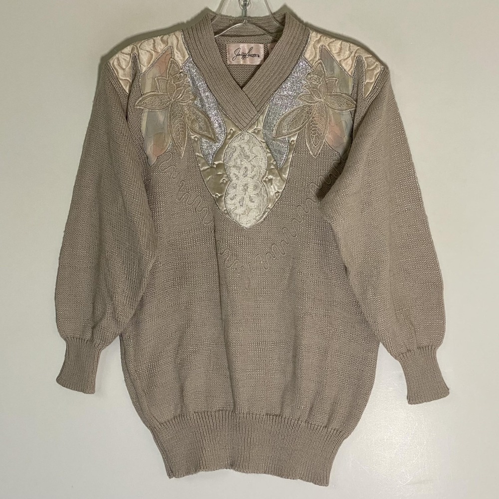 Vintage Jaclyn Smith Sweater Womens Small Beige V Neck Beaded Floral Embroidered